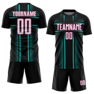 Custom Jersey Black Lines Uniform Sublimation Aqua-Pink White Soccer Custom Jersey Black Lines Uniform Sublimation Aqua-Pink White Soccer