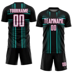 Custom Jersey Black Lines Uniform Sublimation Aqua-Pink White Soccer