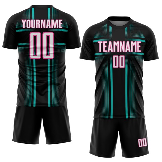 Custom Jersey Black Lines Uniform Sublimation Aqua-Pink White Soccer Custom Jersey Black Lines Uniform Sublimation Aqua-Pink White Soccer