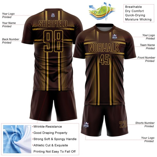 Sublimation Custom Old Lines Brown Soccer Jersey Gold Uniform