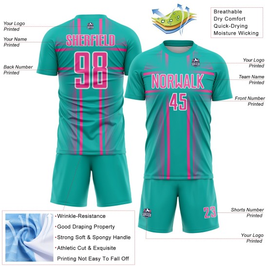 Sublimation Aqua Custom Soccer Lines Uniform Jersey Pink-White Sublimation Aqua Custom Soccer Lines Uniform Jersey Pink-White