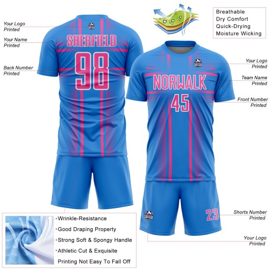 Pink-White Soccer Uniform Custom Jersey Sublimation Blue Powder Lines Pink-White Soccer Uniform Custom Jersey Sublimation Blue Powder Lines